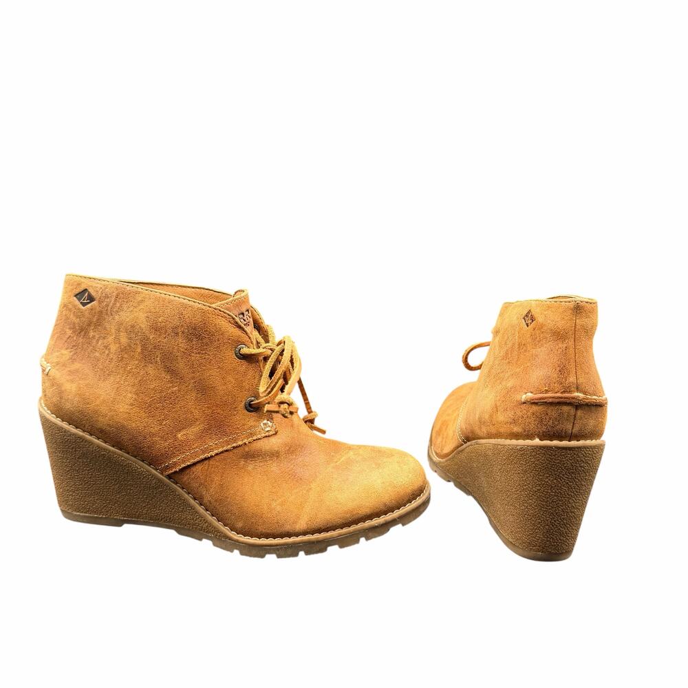 Sperry Leather Wedge Ankle Boots Women’s 8 Lace-Up Chukka Brown